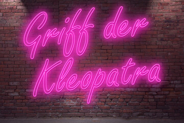 Neon Playing the flute (in german Griff der Kleopatra) lettering on Brick Wall at night - obrazy, fototapety, plakaty