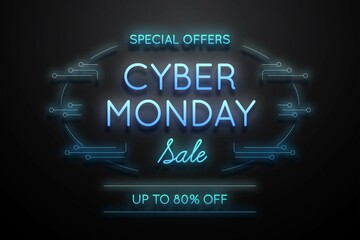 blue neon light cyber monday promo vector design illustration