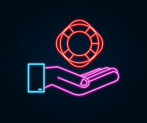 Realistic Style, neon lifebuoy in hands on White Background. Vector stock illustration.