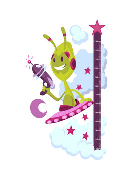 Wall meter with funny alien. Sticker for measuring height kids. Funny  cartoon illustration for children