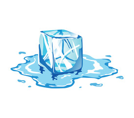 Water ice cube icon. Frozen melting water particle. Translucent ice cube in blue color. Realistic blue solid water