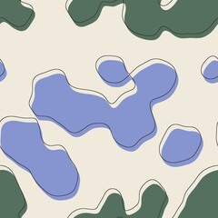 Seamless abstract organic blog shapes in various colors with offset outline surface pattern design for print. High quality illustartion. Funky energetic abstrac aesthetic trendy graphic tile design.