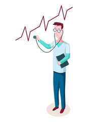 Medicine researcher isometric. Doctor considers the results of research. Isometric  illustration kit with people character