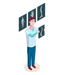 Medicine researcher isometric. Doctor considers the results of research. Isometric  illustration kit with people character