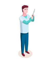 Medicine researcher isometric. Doctor considers the results of research. Isometric  illustration kit with people character