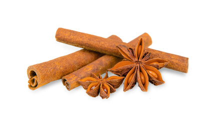 Spices cinnamon sticks and anise isolated on white background