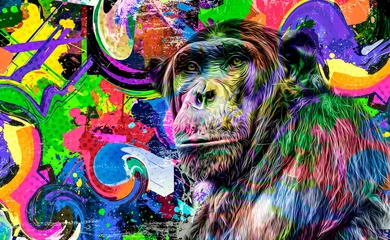 Foto op Canvas kleurrijke artistieke aap snuit met heldere verfspatten op witte achtergrond. © reznik_val
