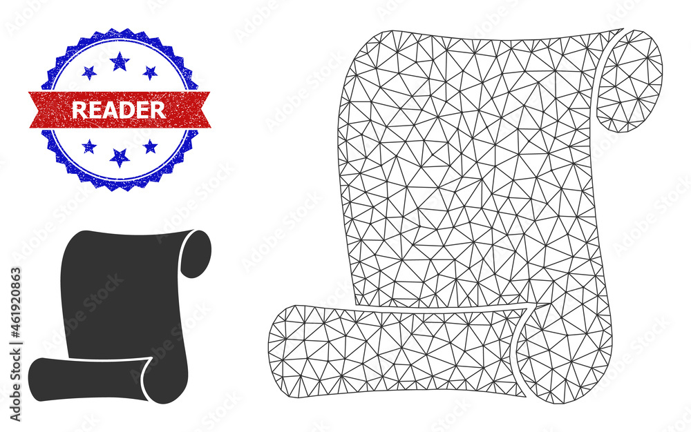 Poster mesh paper roll wireframe icon, and bicolor scratched reader watermark. mesh wireframe illustration 