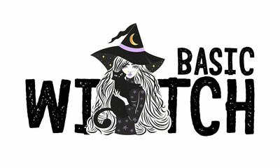 Cute witch and cat wearing hat with stars and moon. Vector illustration. Basic Witch slogan.