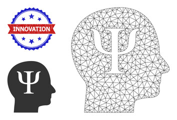 Mesh psychology model icon, and bicolor unclean Innovation seal stamp. Mesh carcass image created from psychology icon. Vector watermark with Innovation tag inside red ribbon and blue rosette,
