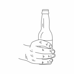 Drawing, engraving, ink, line art, linear, vector illustration hand holding a beer bottle icon sketch in silhouette on a white background.