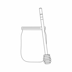 Drawing, engraving, ink, line art, linear, vector illustration honey in a glass jar sketch in silhouette on a white background.