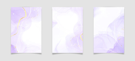 Purple lavender liquid watercolor background with golden lines. Pastel violet marble alcohol ink drawing effect. Vector illustration design template for wedding invitation, menu, rsvp