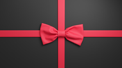 Red ribbon bow on black background. Gift package. 3D rendered banner.