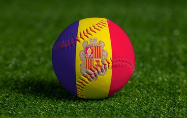 Baseball with Andorra flag on green grass background, close up