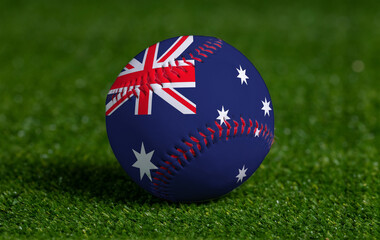 Baseball with Australia flag on green grass background, close up
