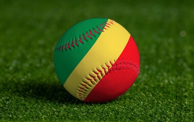 Baseball with Congo Republic flag on green grass background, close up