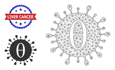 Mesh Tetta covid virus model icon, and bicolor grunge Liver Cancer watermark. Mesh wireframe symbol based on Tetta covid virus icon.