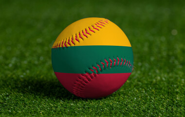 Baseball with Lithuania flag on green grass background, close up