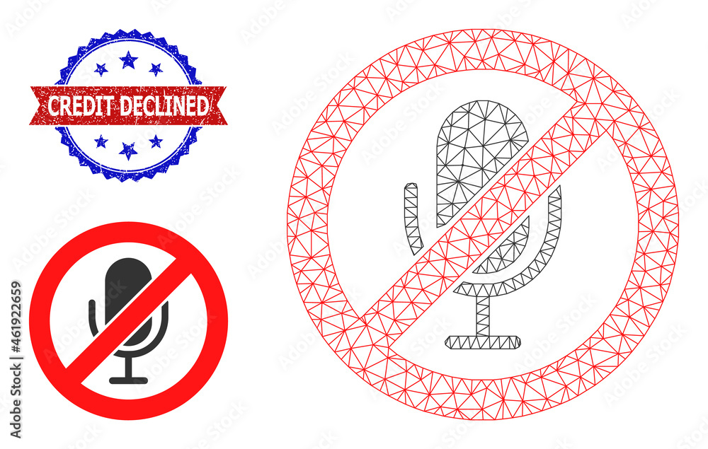 Poster mesh stop microphone frame icon, and bicolor rubber credit declined seal stamp. mesh carcass image b