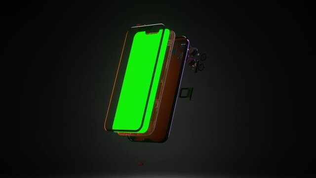 smartphone 3d presentation with disassembly into parts, futuristic gadget rotation with cameras, lenses, buttons, green screen and main circuit, 4K