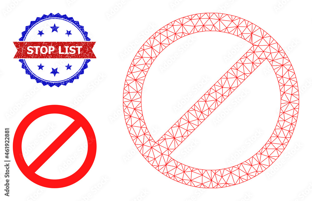 Poster network stop frame illustration, and bicolor rubber stop list seal stamp. polygonal wireframe illust