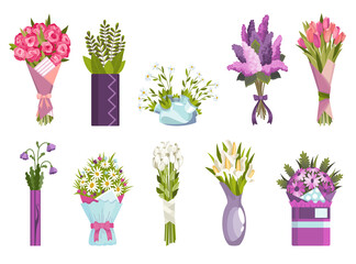 Flowers bouquet set. Design elements for greeting card or postcard. Collection flat floral . Gift for wedding or holiday concept. Colorful illustration isolated on white