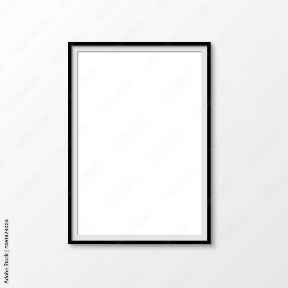 Poster Picture photo frame mockup, wall presentation, black thin rectangular vertical frame with shadow, vertical blank frame border mockup - stock vector