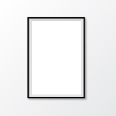 Picture photo frame mockup, wall presentation, black thin rectangular vertical frame with shadow, vertical blank frame border mockup - stock vector