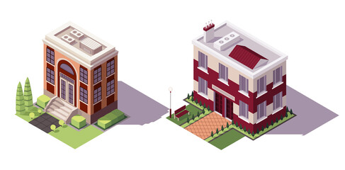 Isometric educational buildings set. Architecture modern city historic educational buildings icon set. Public library university school or government.  isometric icon or infographic element