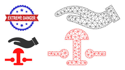 Polygonal press alarm button wireframe illustration, and bicolor textured Extreme Danger seal stamp. Polygonal wireframe symbol designed with press alarm button pictogram.