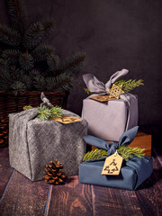 Zero Waste, Eco-friendly, sustainable furoshiki style cloth wrapped Christmas Gifts. - 461923836