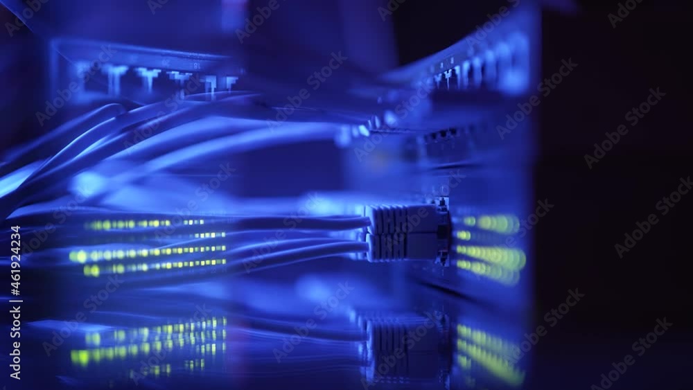 Aufkleber close up fiber optic in server room. network cables installed in the rack at data center. ethernet c
