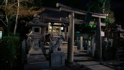 Fototapeta na wymiar Stone torii gate and little shinto altar at Yasaka Jinja shrine in night