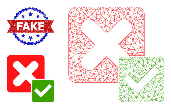 Polygonal true negative model illustration, and bicolor dirty Fake seal stamp. Polygonal wireframe illustration is designed with true negative icon.