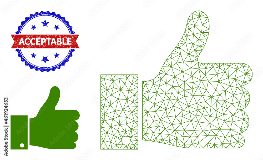 Poster net thumb up wireframe illustration, and bicolor scratched acceptable seal. polygonal wireframe imag