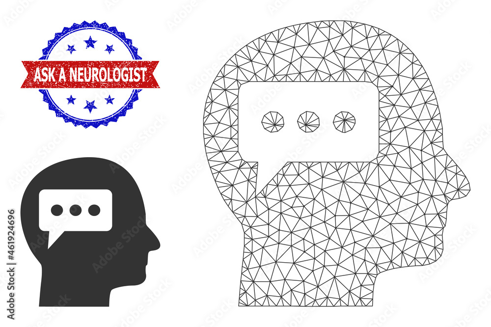 Poster triangular thinking brain model illustration, and bicolor textured ask a neurologist stamp. mesh wir