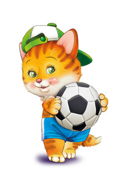 ginger kitten in a green cap is holding a soccer ball
