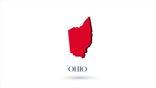 3d animated flat map showing the state of Ohio from the United State of America on white background. USA. Rotating map of Ohio with shadow. USA. 4k