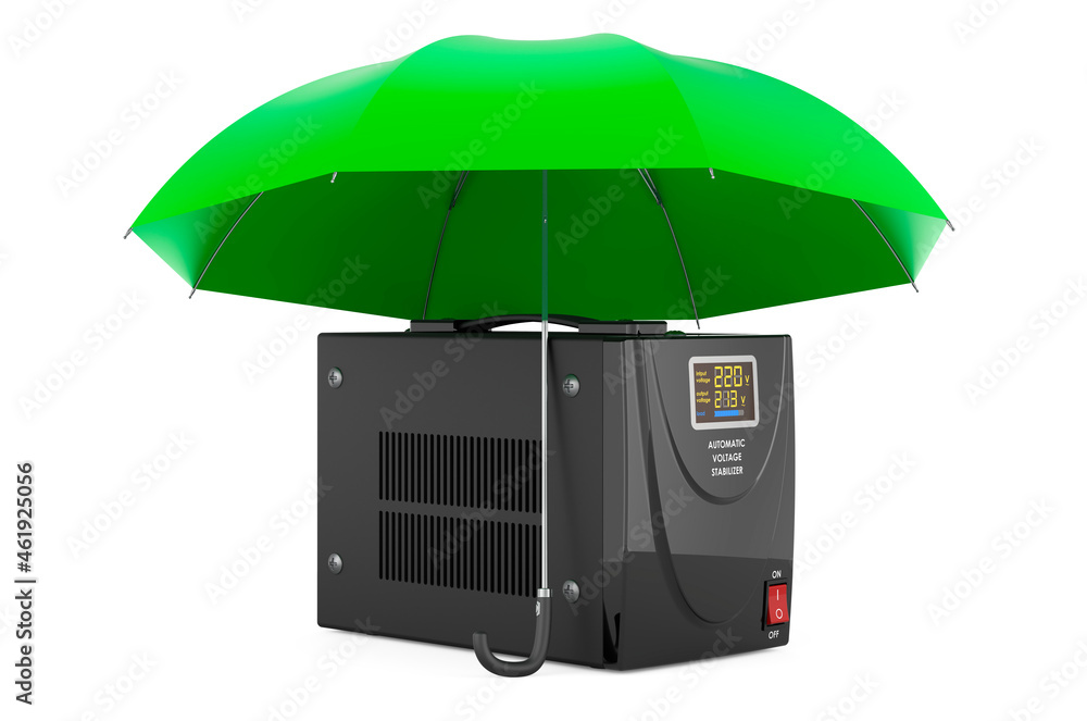 Poster automatic voltage stabilizer under umbrella, 3d rendering