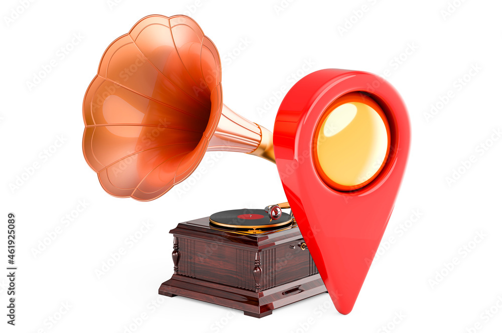 Poster retro gramophone with map pointer. 3d rendering