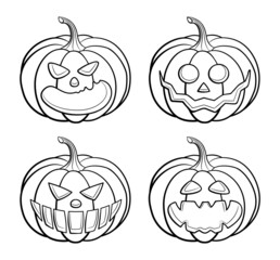 Set of carved pumpkins for Halloween. Black and white outline vector illustration
