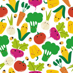 Seamless pattern with cute fresh vegetables. Childish print. Vector hand drawn illustration.