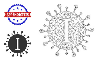 Network Yota coronavirus model illustration, and bicolor rubber Appendicitis seal. Mesh carcass image is designed with Yota coronavirus pictogram.