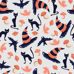 Seamless vector pattern with cartoon black cats, bat, striped witch hat, mushrooms and maple leaves isolated on gray background.