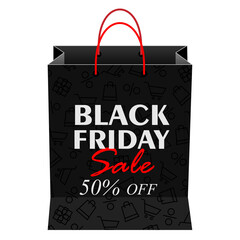 Black friday sale. Black shopping bag with text isolated on white background. Vector template for ad, poster, banner, leaflet, flier, brochure, promotion, web, advertising, social media, marketing.