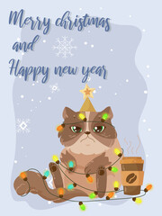 Greeting card with a cute kitten for Christmas and New Year. Congratulations on the holidays. Winter vector illustration isolated on white background.