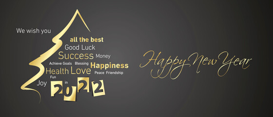 Happy New Year 2022 golden negative space numbers abstract christmas tree word cloud text white black background vector greeting card