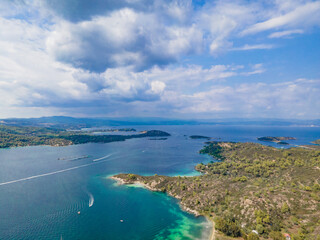 Breathtaking drone photo of the bay of Vourvourou, in Northern Greecem Halkidiki 