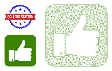 Polygonal thumb positive wireframe icon, and bicolor dirty Polling Station watermark. Polygonal wireframe illustration designed with thumb positive icon.